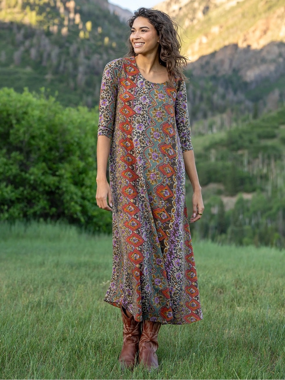 🤎 Natural Life Lottie Knit Maxi Dress Brown Tuscany Border Floral Boho Large